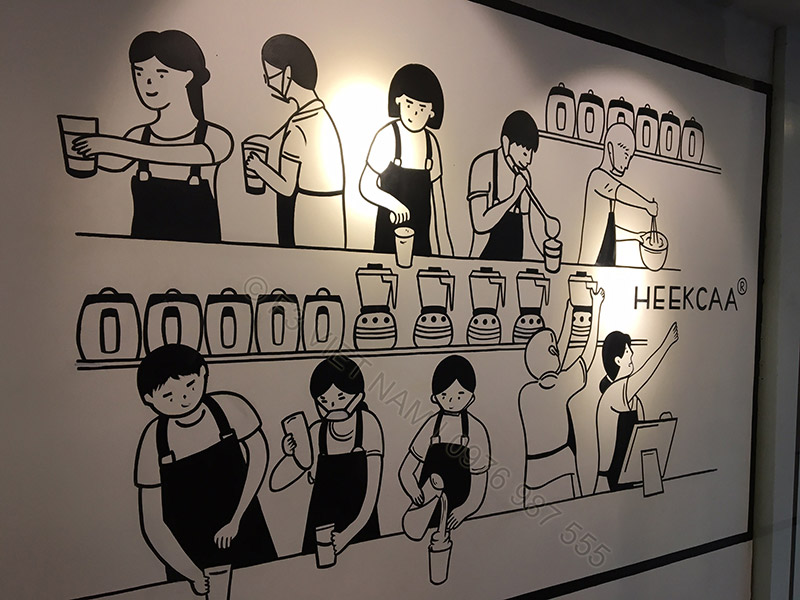 Trang trí tường quán trà sữa Heekcaa